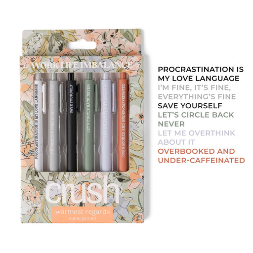 Packaging of 'crush' branded pens with motivational text on a white background