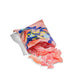 Open bag of gummy worms with colorful packaging on a white background