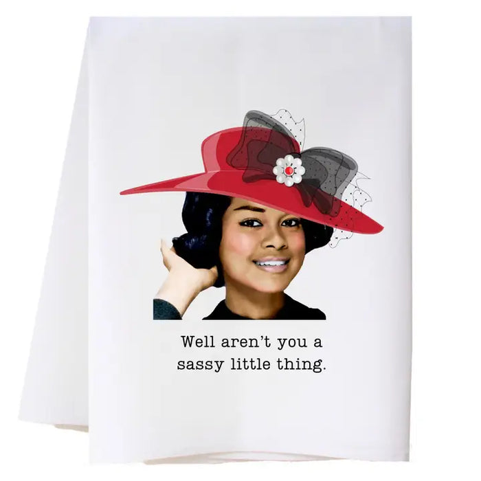 Card with a woman wearing a red hat and text 'Well aren't you a sassy little thing.'