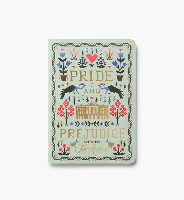 Book cover of 'Pride and Prejudice' with decorative elements on a light green background