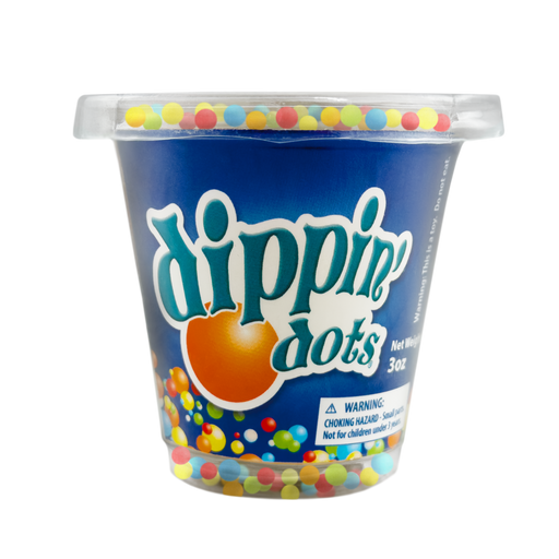 Container of Dippin' Dots ice cream with colorful dots on a white background