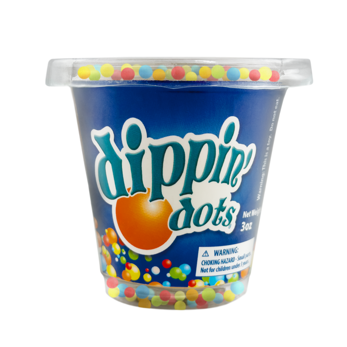 Container of Dippin' Dots ice cream with colorful dots on a white background