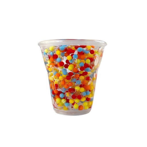 Clear cup filled with colorful beads on a white background