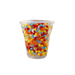 Clear cup filled with colorful beads on a white background