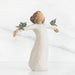 Decorative figurine of a woman with outstretched arms holding birds on a white background