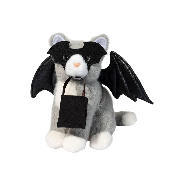 Plush toy resembling a cat with a mask and black bag on a white background