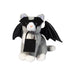 Plush toy resembling a cat with a mask and black bag on a white background