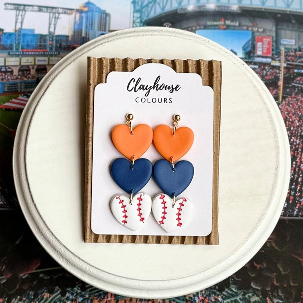 Astros Triple Heart Polymer Clay Dangle Earrings