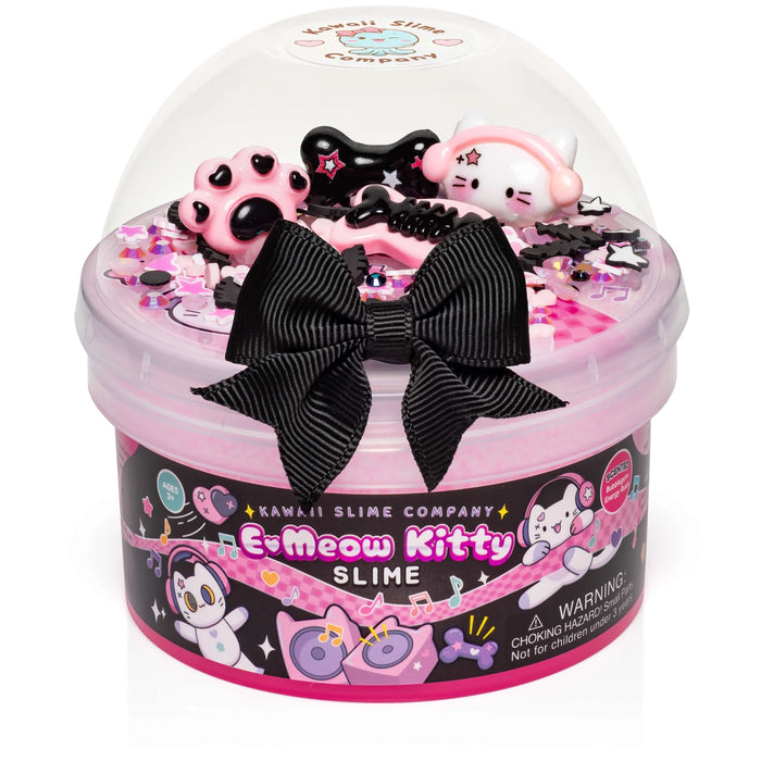 Kawaii Kitty slime set in a clear container with pink and black elements on a white background