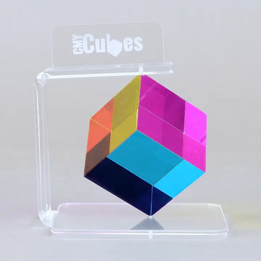 Colorful geometric cube on a clear stand with 'CrayCubes' branding.