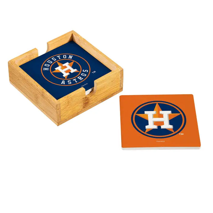Houston Astros Ceramic Coasters Set, 4pcs with Wood Caddy