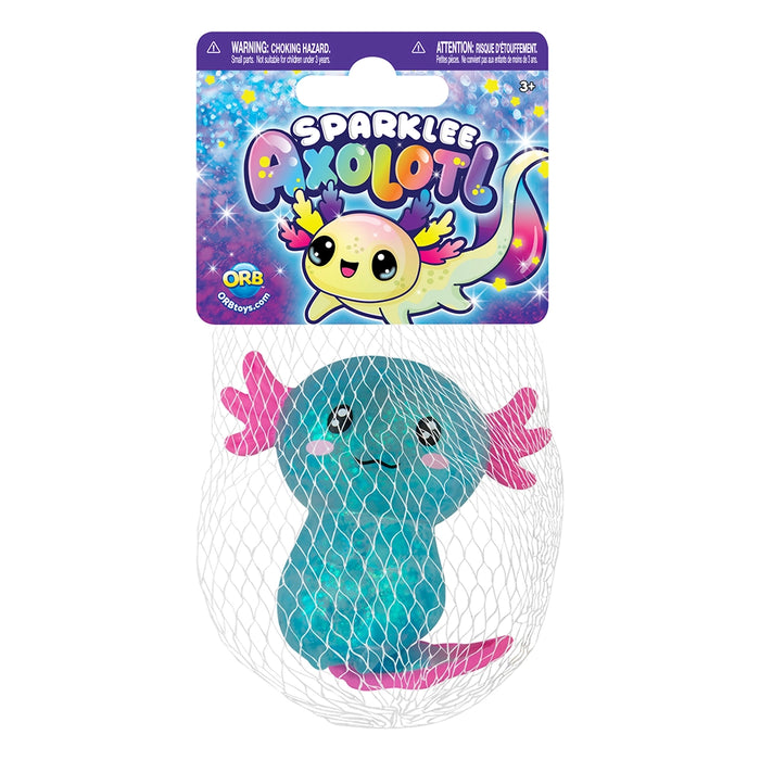 Plush axolotl toy in a clear bag with packaging above on a white background