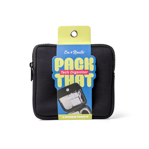 Black tech organizer with 'Pack That' packaging on a white background
