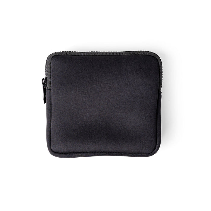 A black neoprene tablet sleeve or pouch with a top zipper, shown from a top-down view on a white background.