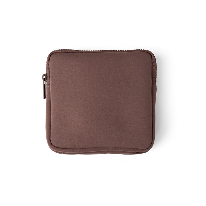 Brown zippered pouch on a white background
