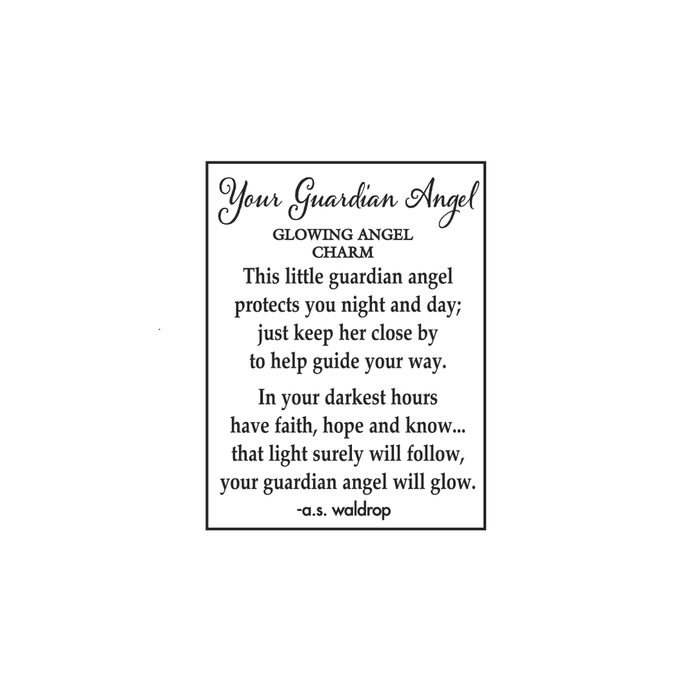 Text description of a glowing angel charm with a quote on a white background
