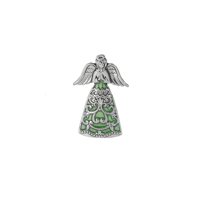 Silver angel charm with green dress on a white background