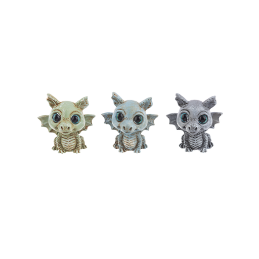 Three small dragon figurines on a white background