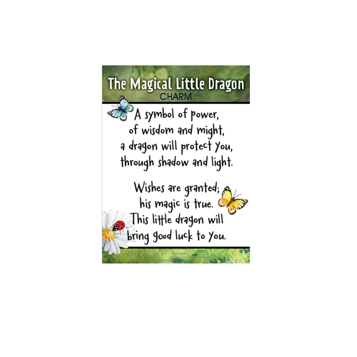 Card with text about 'The Magical Little Dragon Charm' on a white background