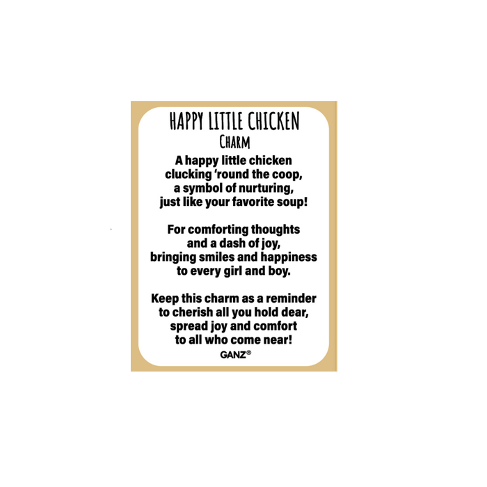 Product description card for a 'Happy Little Chicken' charm with text on a white background.