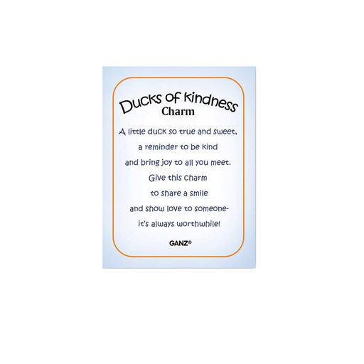 Card packaging for 'Ducks of Kindness Charm' with text on a white background