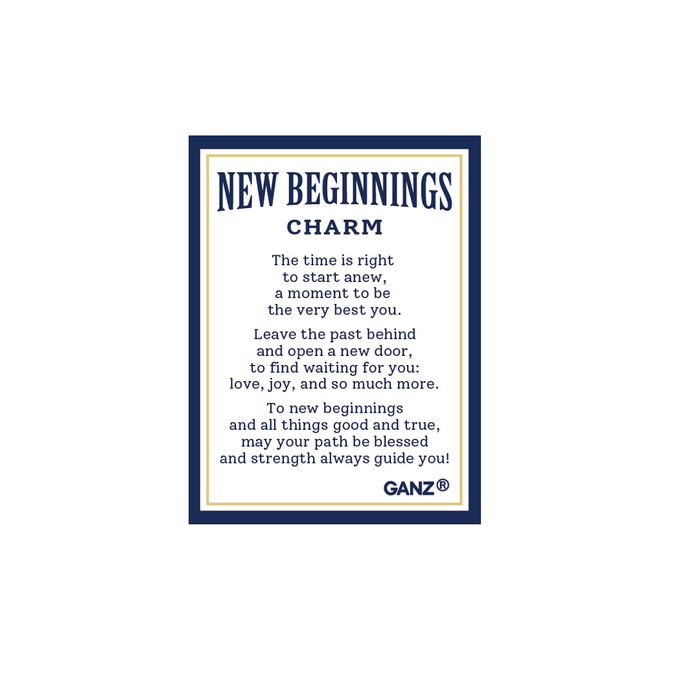 New Beginnings Charm description card with text and Ganz logo on a white background