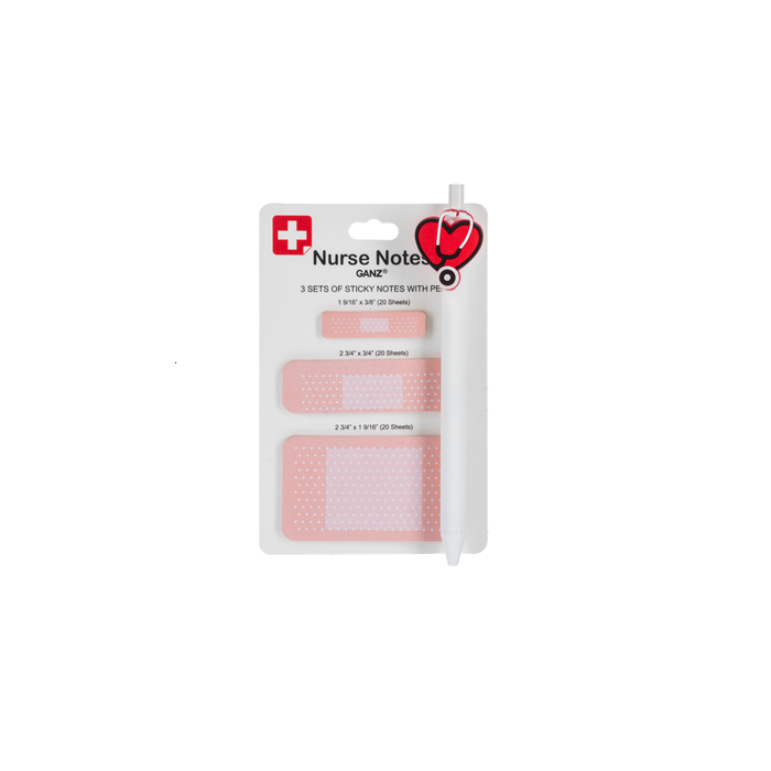 Pack of pink sticky notes and pen with a 'Nurse Notes' brand label on a white background