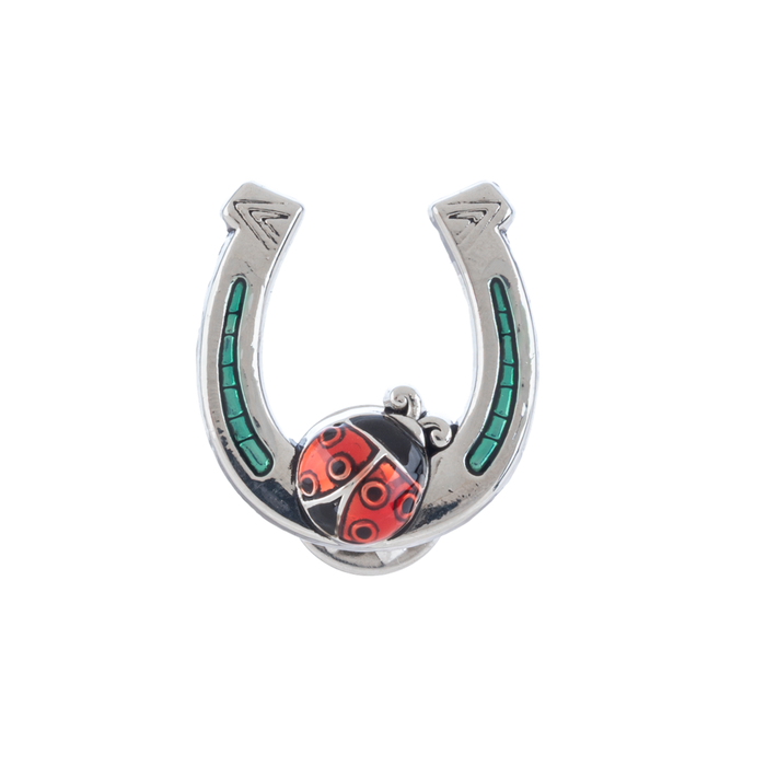 Silver horseshoe with a red ladybug design on a white background
