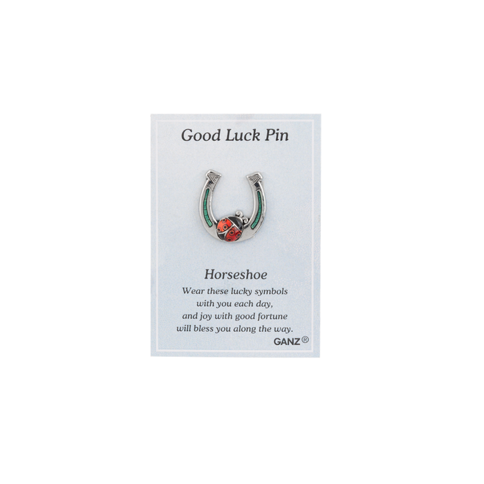 Good luck pin with horseshoe and clover on a Ganz branded card