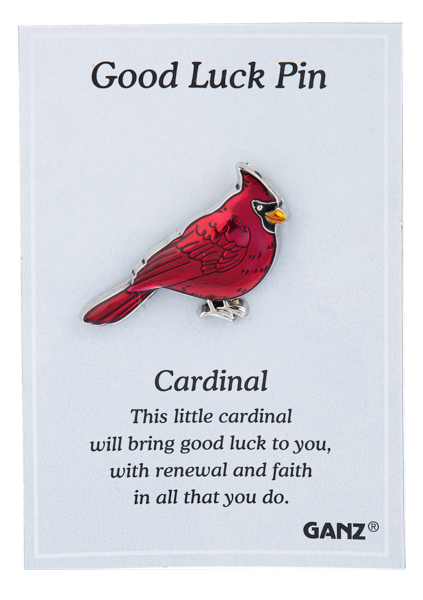 Red cardinal good luck pin on a Ganz branded card