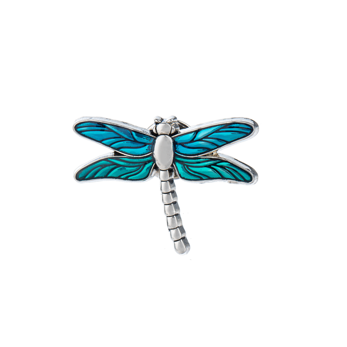 Dragonfly-shaped charm with turquoise wings and silver body on a white background