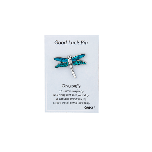 Good luck pin shaped like a dragonfly on a Ganz branded card with text.