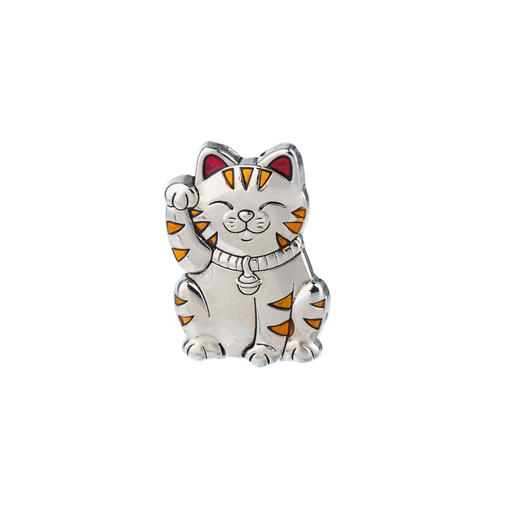Silver cat-shaped charm with red eyes and orange stripes on a white background