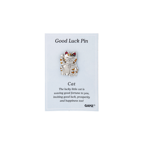 Good luck cat pin on a Ganz branded card with text about its benefits.