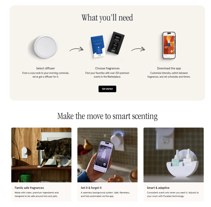 Smart scents product page with diffuser, phone app, and fragrance selection on a light background.