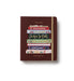 Brown notebook with book illustrations and text on a white background