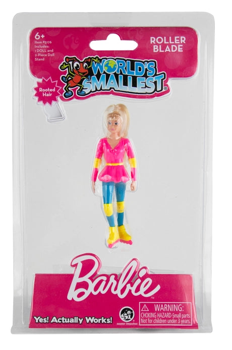 World's Smallest Barbie Roller Blade toy in packaging with pink and white design.