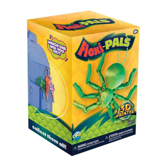 Box of Flexi-Pals toy with a green flexible figure on a white background