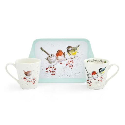 Set of ceramic mug and tray with bird design on a white background