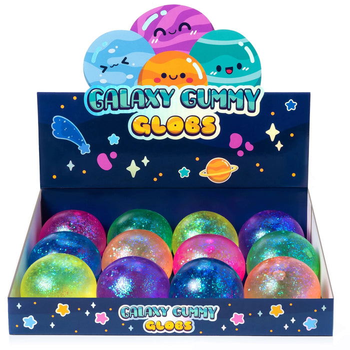 Box of Galaxy Gummy Globes with colorful gummy balls on a white background