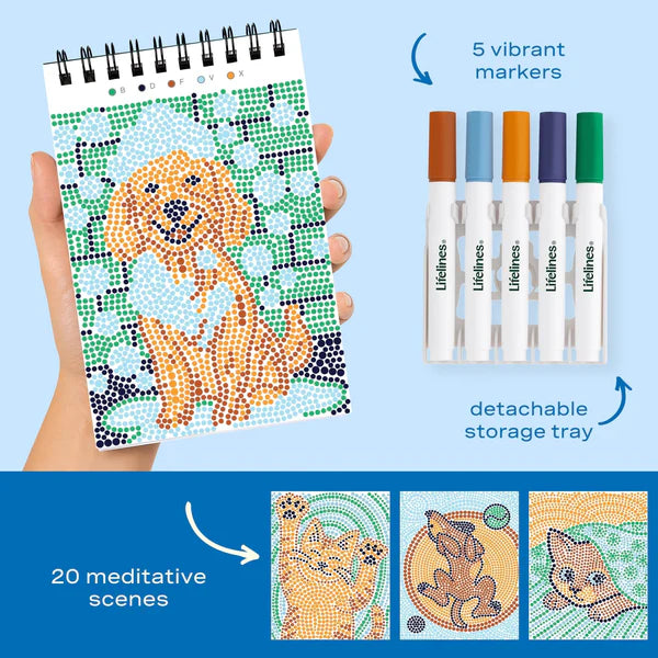 Coloring book with a detachable storage tray, markers, and meditative scene illustrations on a blue background.