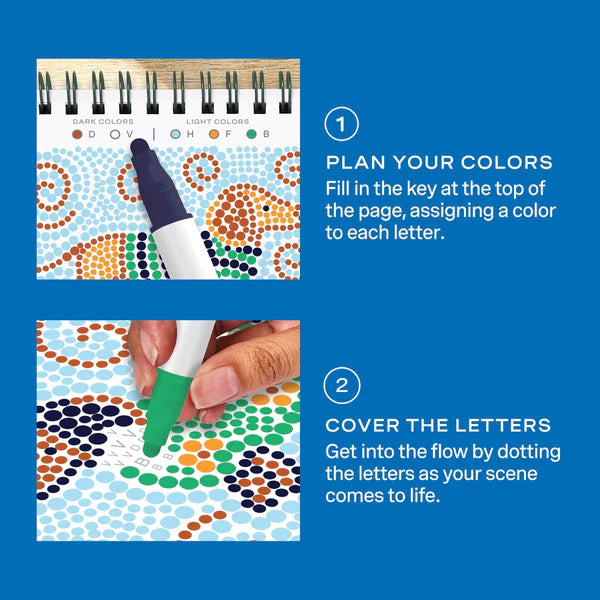 Instructions for using a dot marker on a color-coded page with markers and text on a blue background.