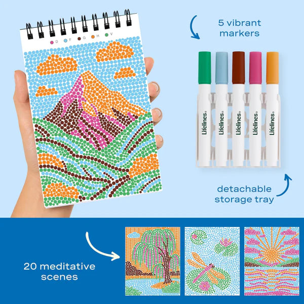 Coloring book with mountain design, markers, and additional features on a blue background