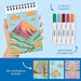 Coloring book with mountain design, markers, and additional features on a blue background
