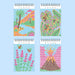 Four colorful notebooks with mosaic-style designs on a light blue background