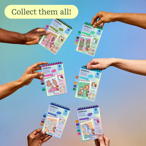 Hands holding colorful mini books with a blue gradient background and 'Collect them all!' text.
