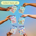 Hands holding colorful mini books with a blue gradient background and 'Collect them all!' text.