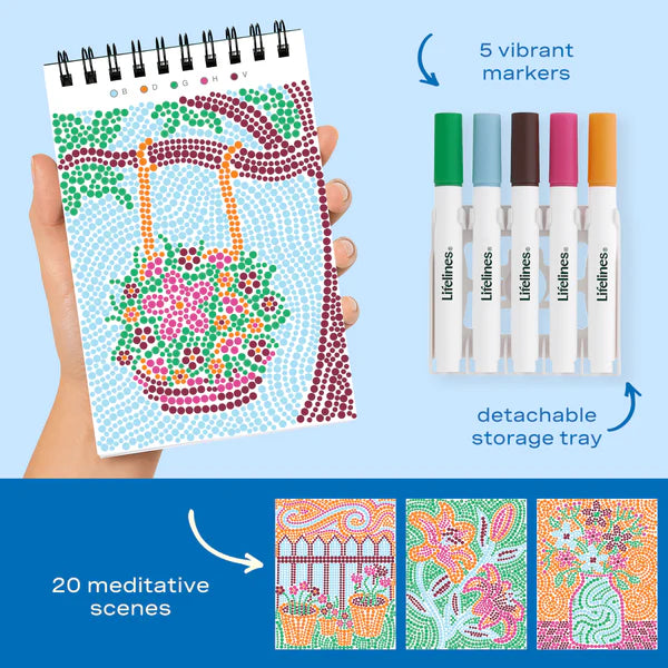 Coloring book with markers and storage tray on a blue background