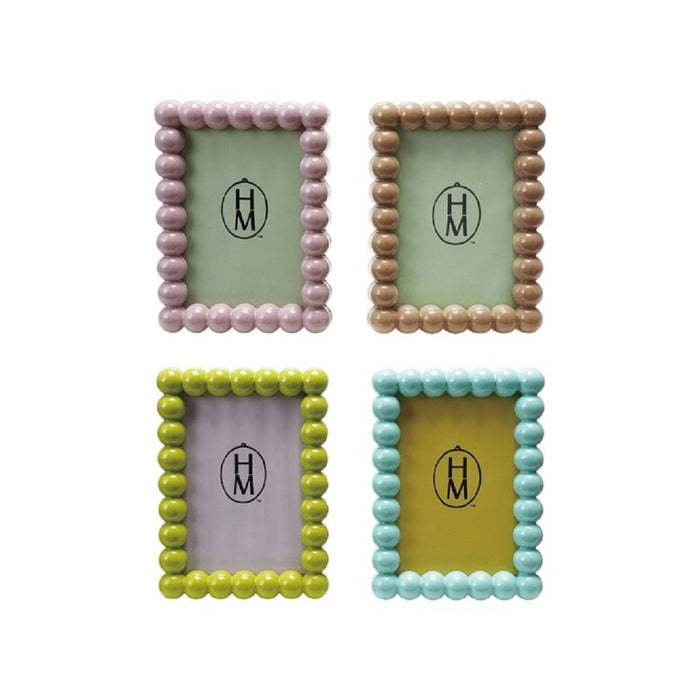 Four colorful beaded picture frames on a white background