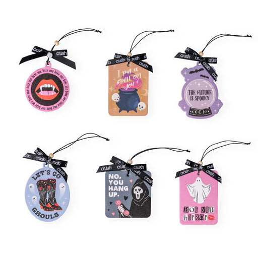 Set of Halloween-themed decorative tags with various designs on a white background
